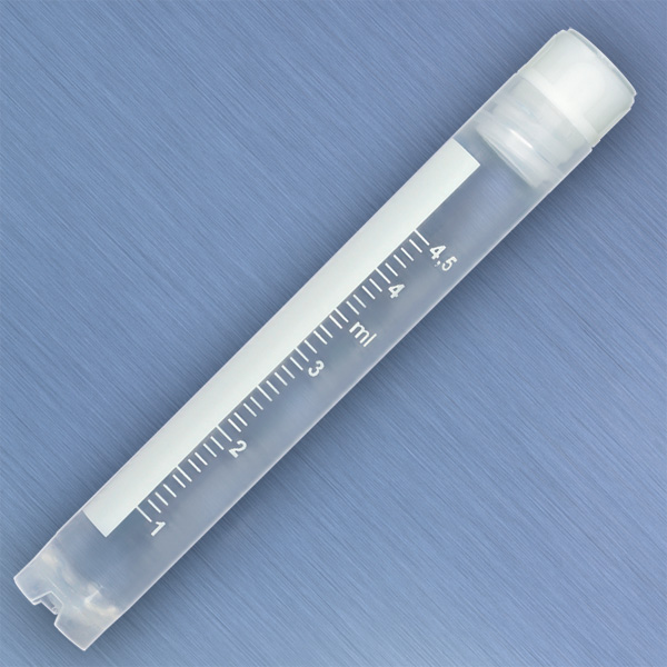 Globe Scientific CryoCLEAR vials, 5.0mL, STERILE, Internal Threads, Attached Screwcap with Co-Molded Thermoplastic Elastomer (TPE) Sealing Layer, Round Bottom, Self-Standing, Printed Graduations, Writing Space and Barcode, 50/Bag cryogenic vials; cryogenic tubes; storage tubes; sterile tubes; cryogenic